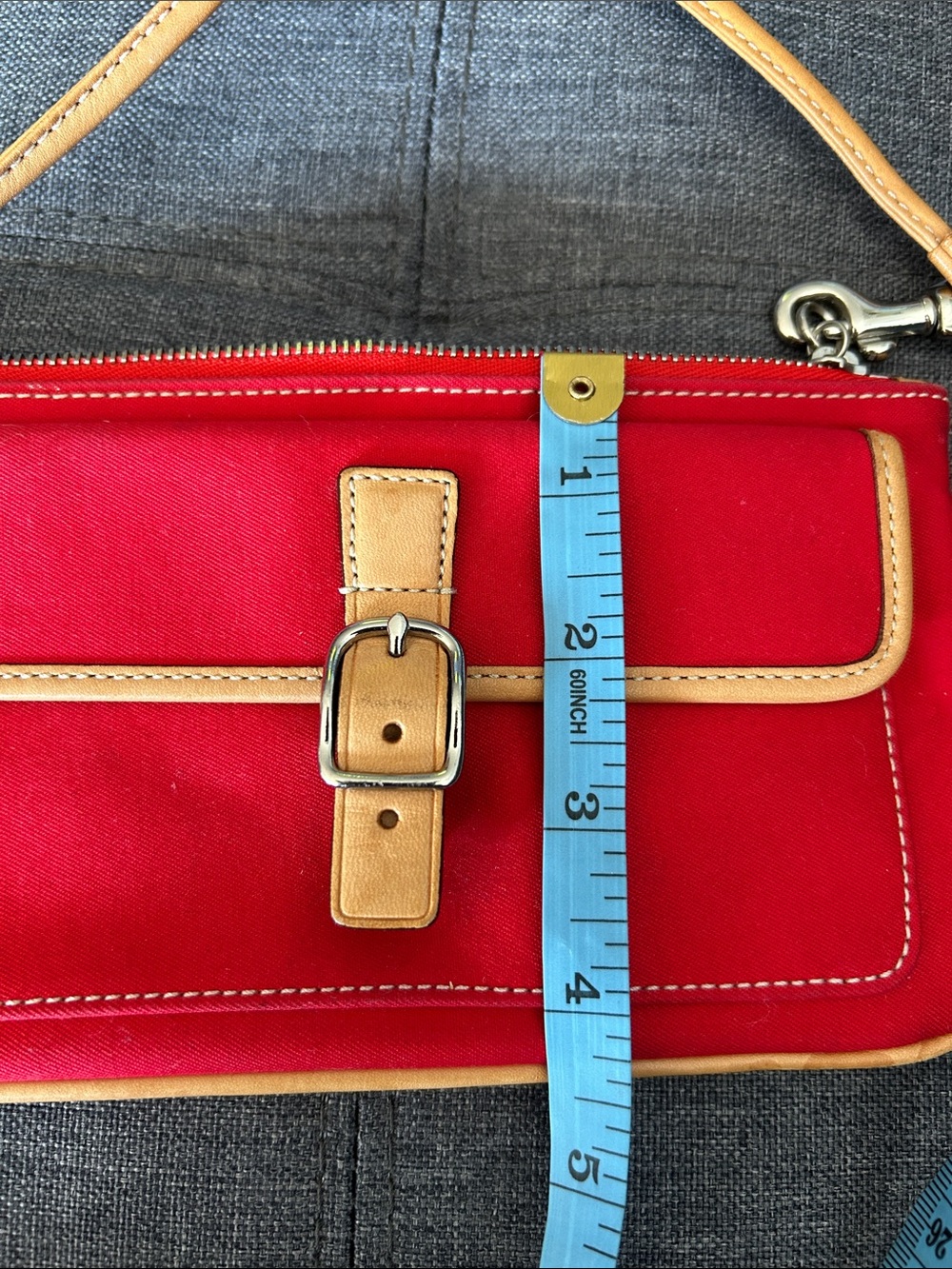Coach Red Canvas Wristlet with Tan Leather Trim and Buckle - Picture 8 of 8